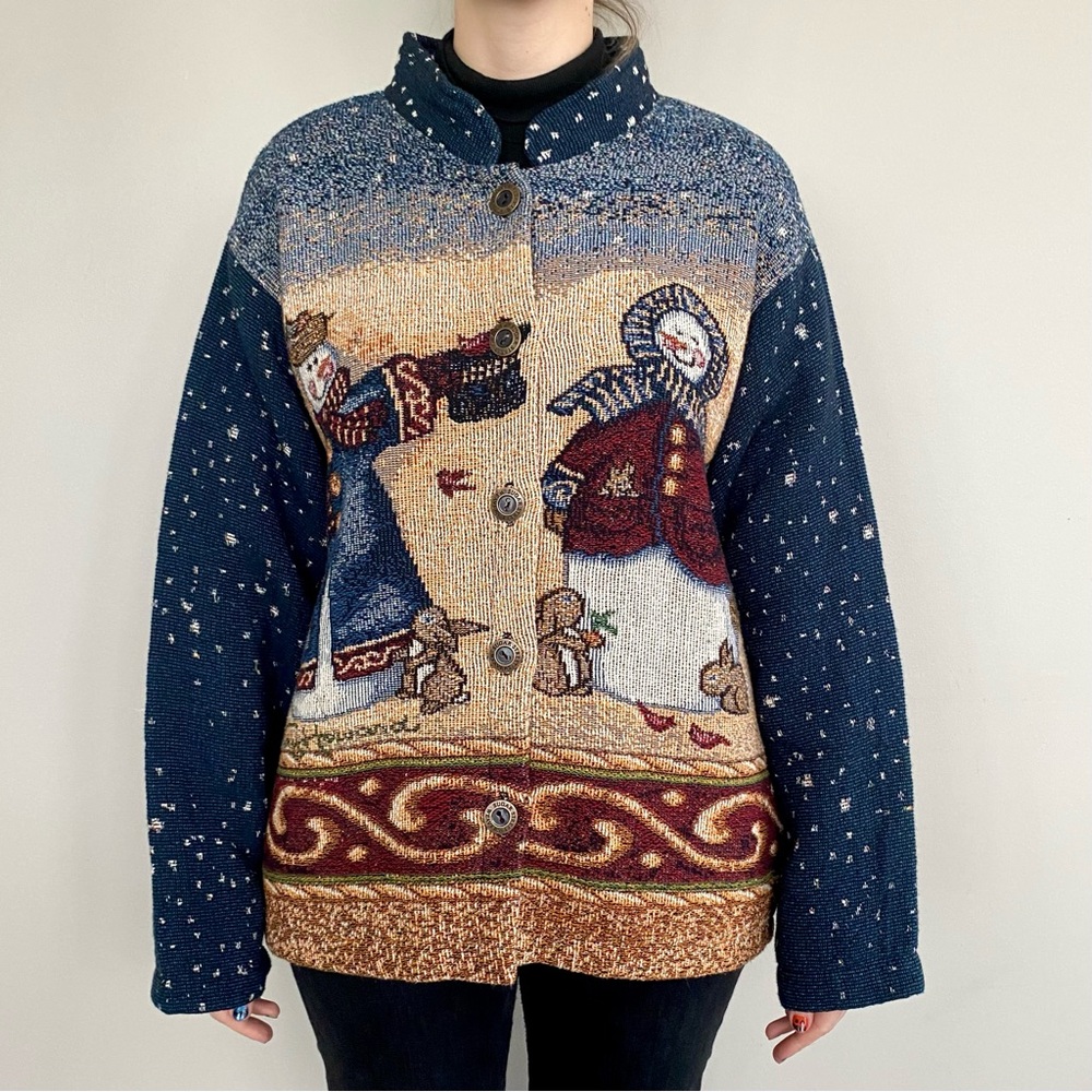 Vintage Sugar Street Weavers Christmas snowman winter scene tapestry jacket. 💙